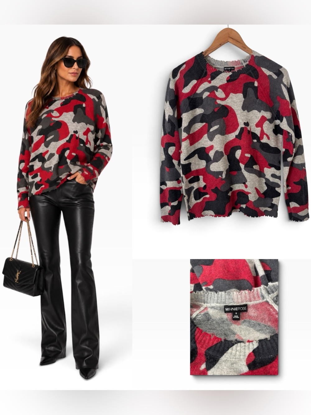 Minnie Rose Distressed Cashmere Crew Neck Camo Sweater - Size Small